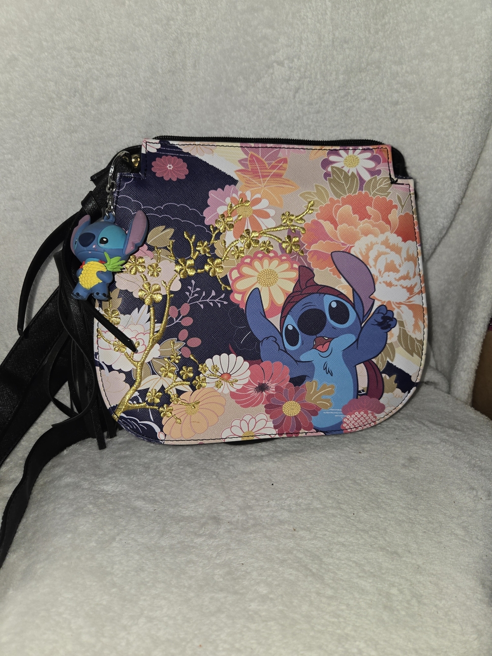 Loungefly Blue Stitch Floral Crossbody with Gold Embroidery